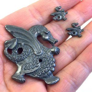 Pewter Dragon Brooch and Earrings Set